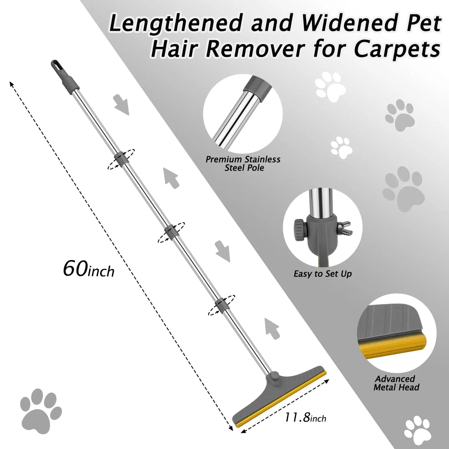 Custom 60 Inch Long Handle Cat Dog Hair Remover Advanced Pet Hair Removal Broom Lint Remover Scraper for Carpets, Rugs